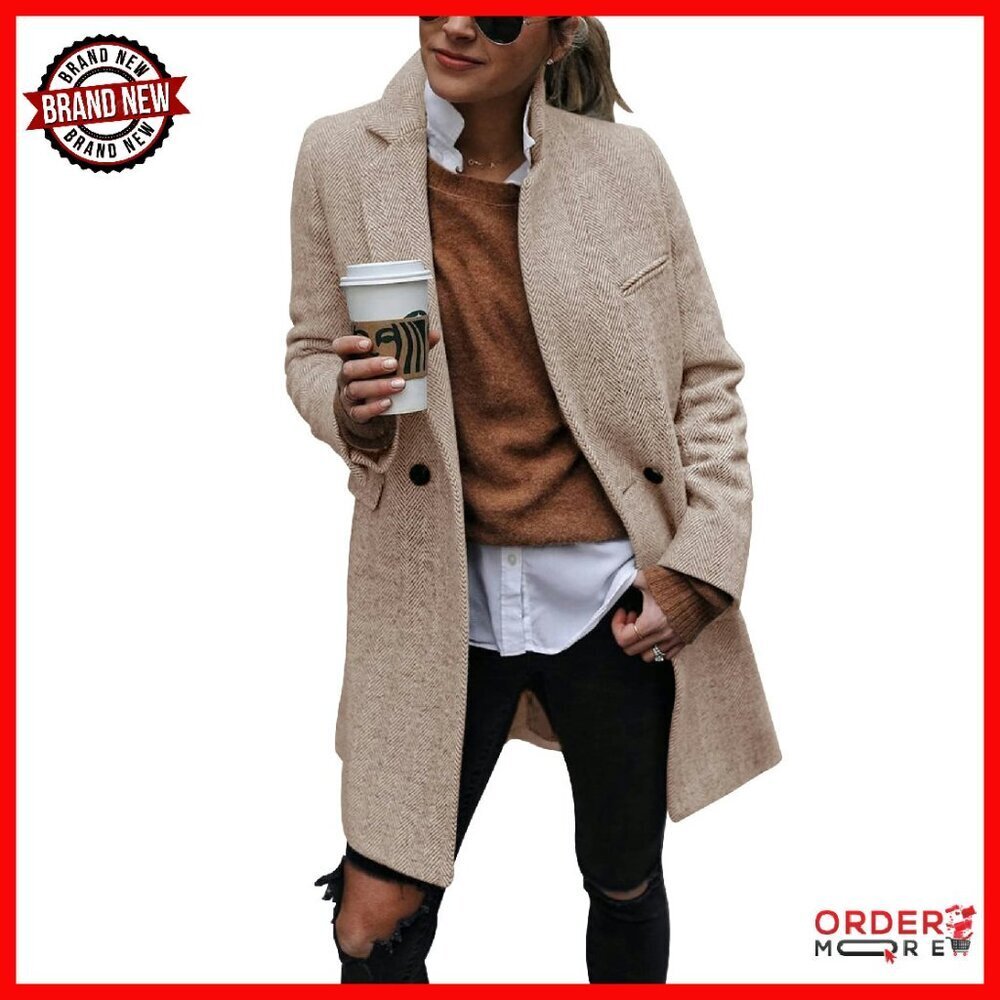 Women's Double Breasted Trench Coat Long Blazer Polyester Blend Work Office
